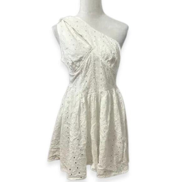 ASOS Mini Dress Asymmetric Neckline One Shoulder Style Eyelet Lace Ivory W 6 NWT - Picture 2 of 11